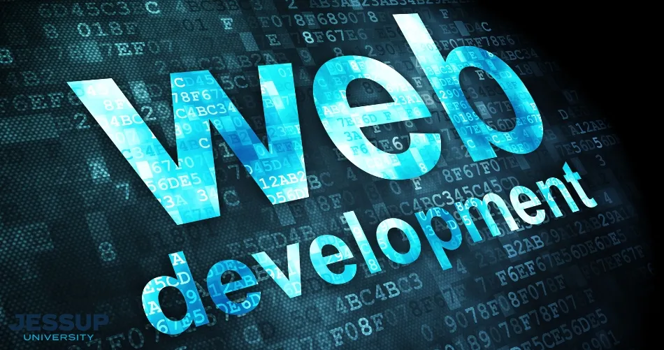 Web development" text in blue on a dark, code-filled background, relevant to Thrissur freelance digital marketer.